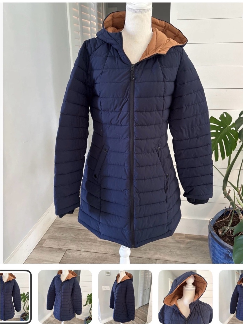 Women's Hooded Puffer Coat HFX Medium long jacket - Navy with Tan Lining
